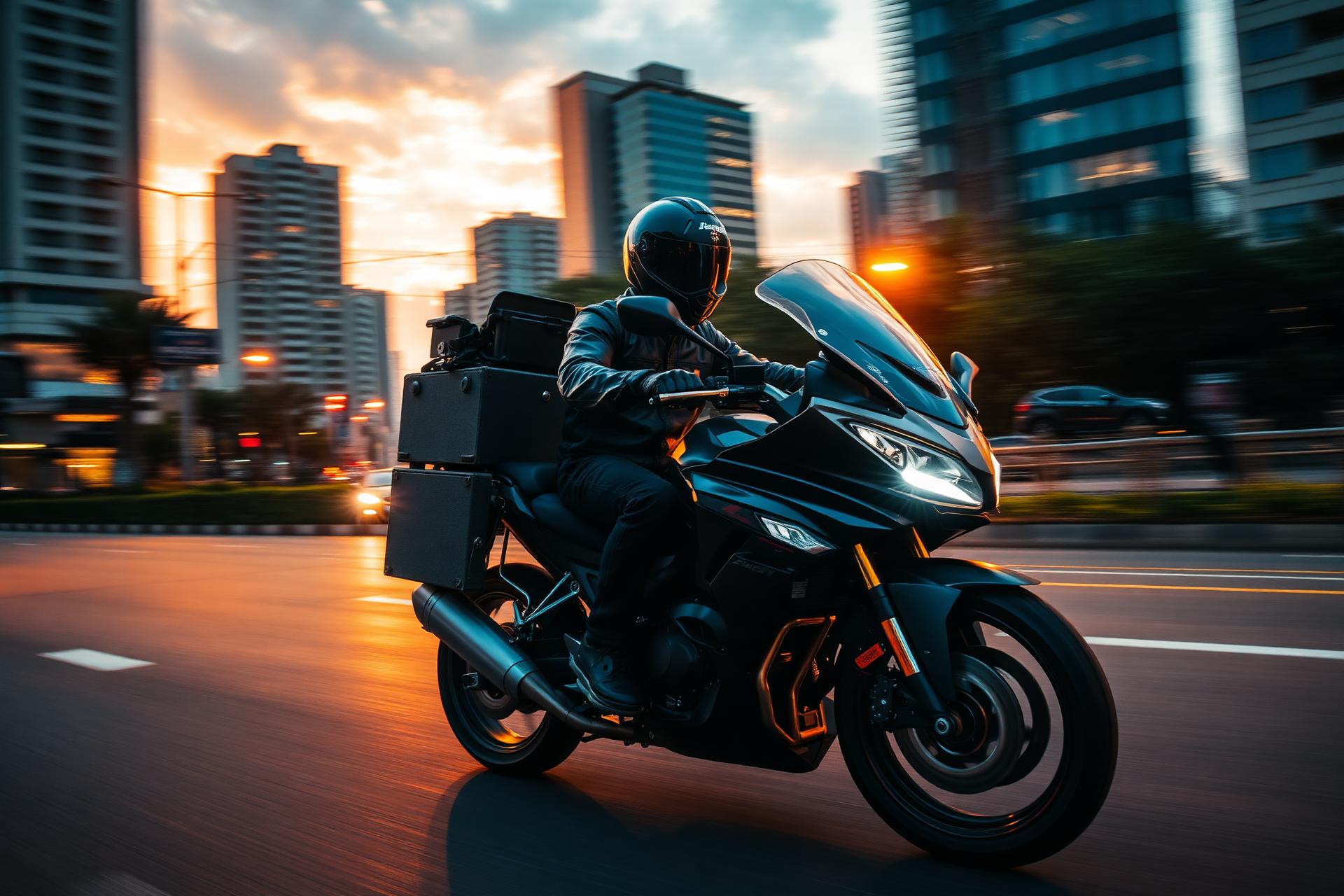 Entregador pilotando moto Yeshua na cidade